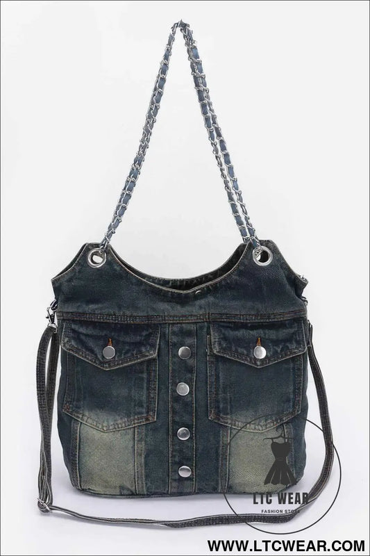 Washed Denim Double Pockets Tote Bag