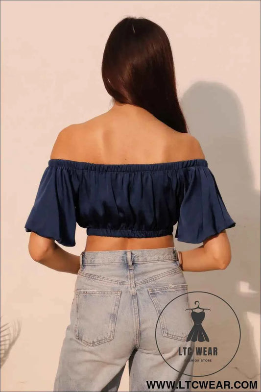 Washed Poly Silk Bubble Sleeve Crop Top