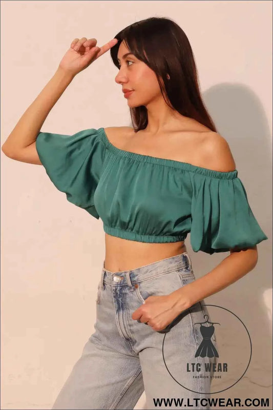 Washed Poly Silk Bubble Sleeve Crop Top