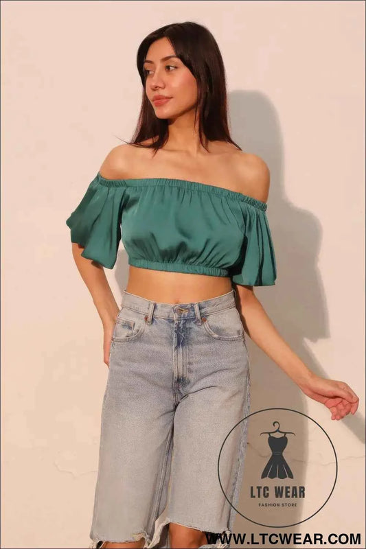 Washed Poly Silk Bubble Sleeve Crop Top