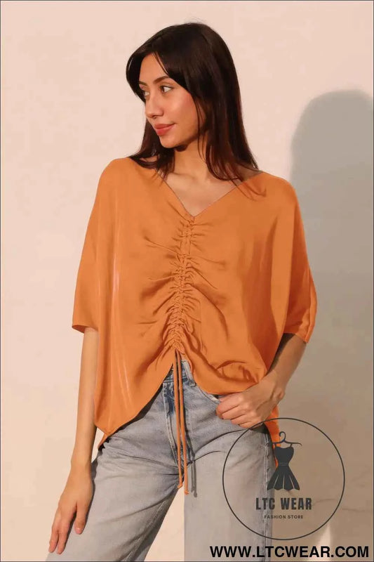 Washed Poly Silk Drawstring Dolman Top