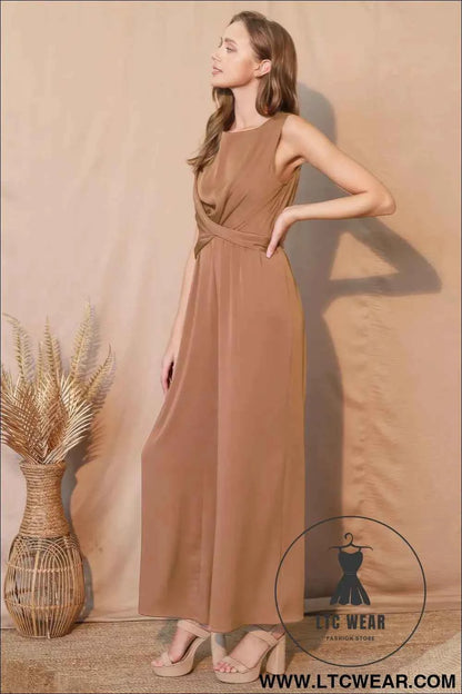 Washed Poly Silk Twist Front Jumpsuit