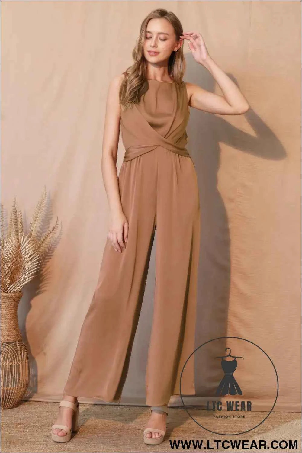 Washed Poly Silk Twist Front Jumpsuit