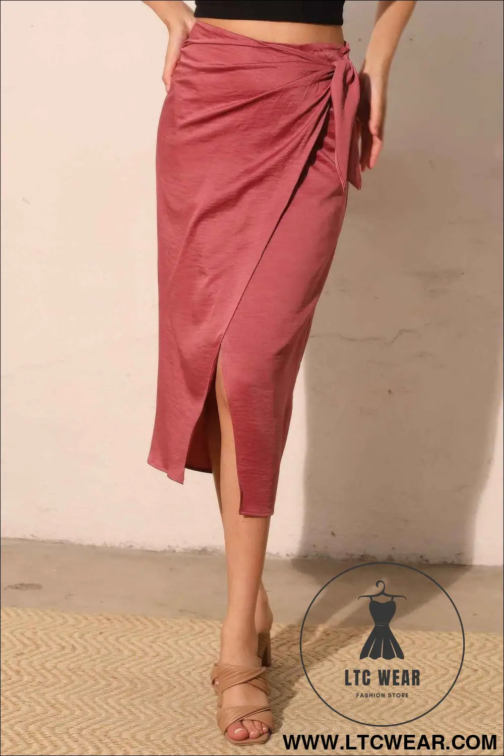 Washed Satin Crepe Side Wrap Midi Skirt