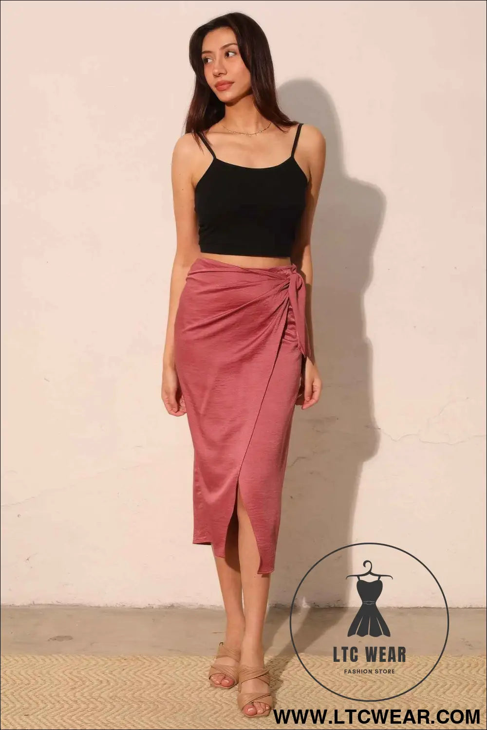 Washed Satin Crepe Side Wrap Midi Skirt