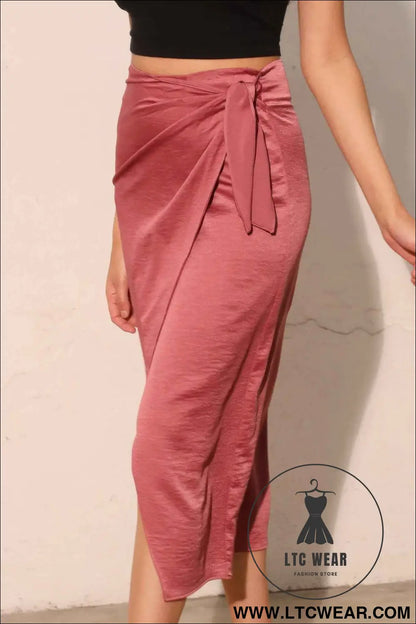 Washed Satin Crepe Side Wrap Midi Skirt