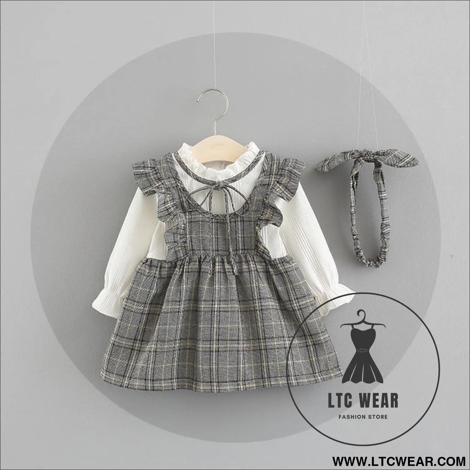 Weaved children’s wear new baby girls’ large check neckline ribbon dress