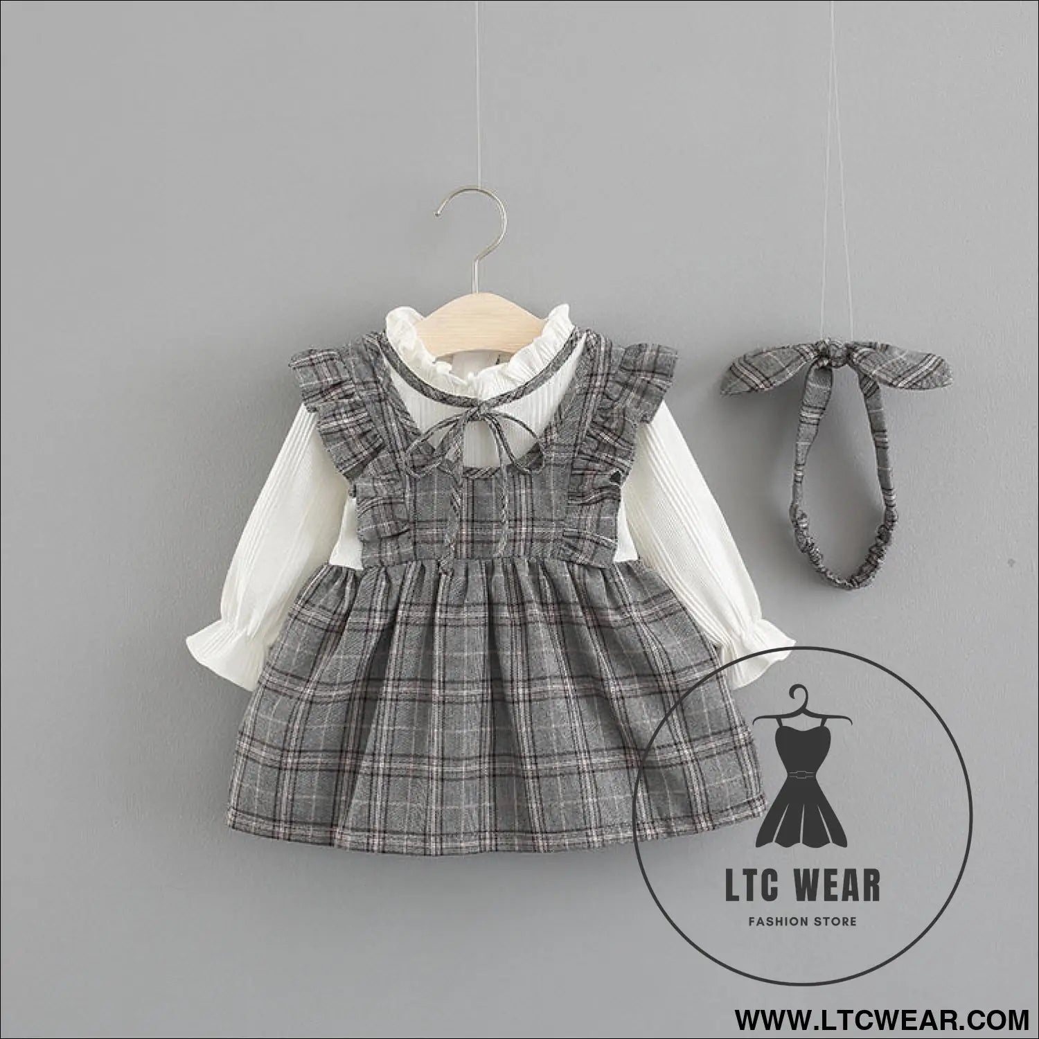 Weaved children’s wear new baby girls’ large check neckline ribbon dress