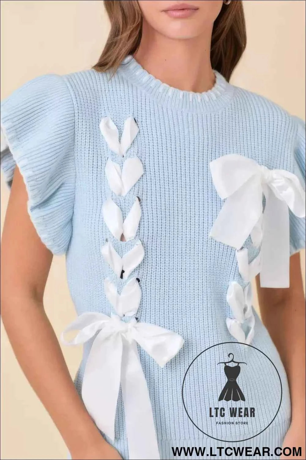 Weaved Ribbon Bow Detail Sweater Knit Top
