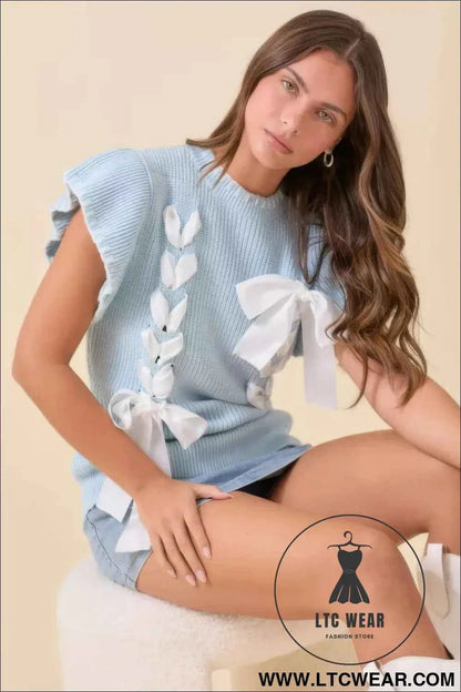 Weaved Ribbon Bow Detail Sweater Knit Top