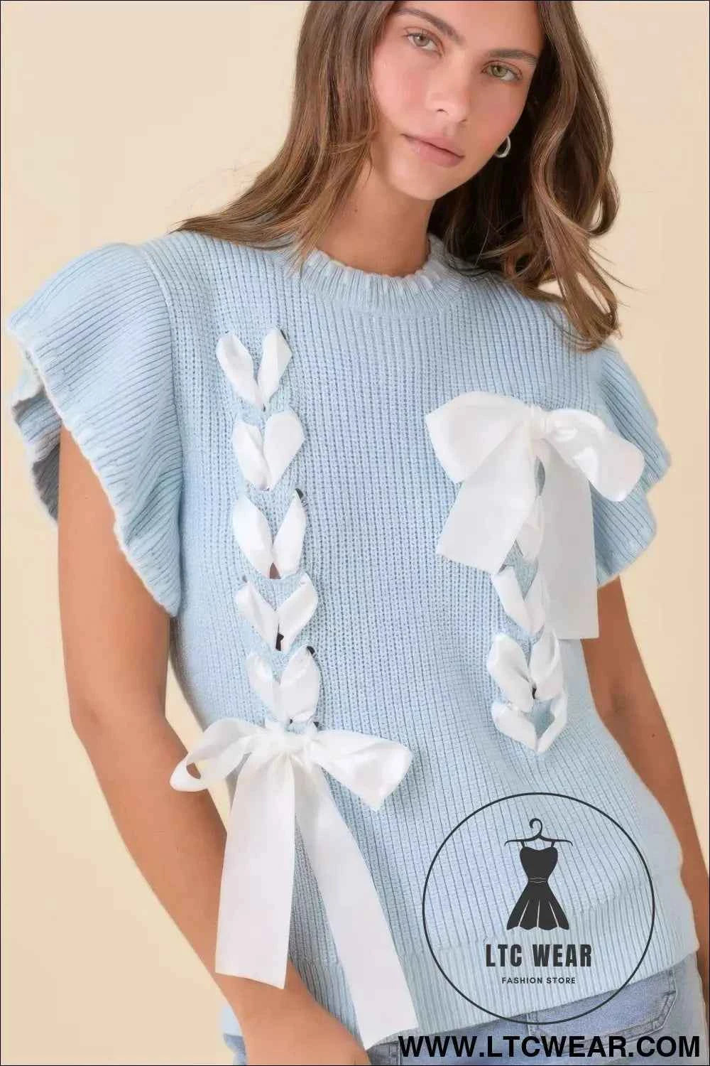 Weaved Ribbon Bow Detail Sweater Knit Top