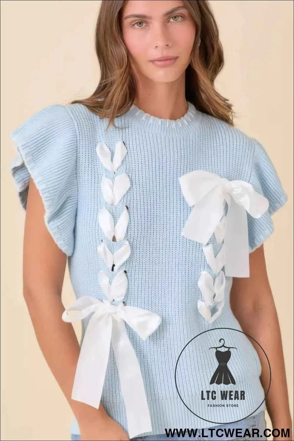 Weaved Ribbon Bow Detail Sweater Knit Top