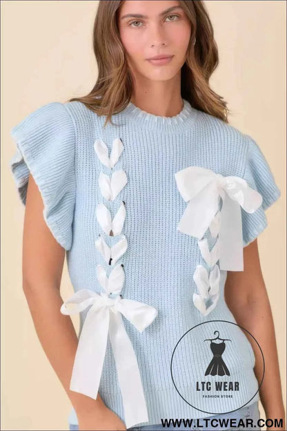 Weaved Ribbon Bow Detail Sweater Knit Top