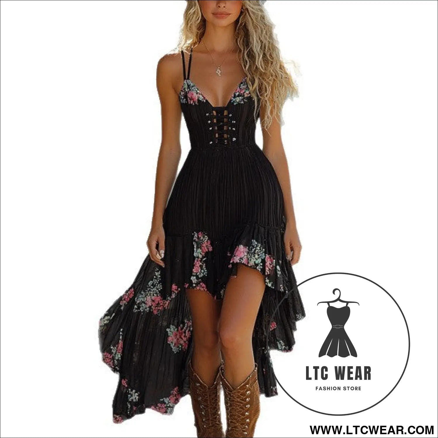 Western rustic floral irregular hem sleeveless dress