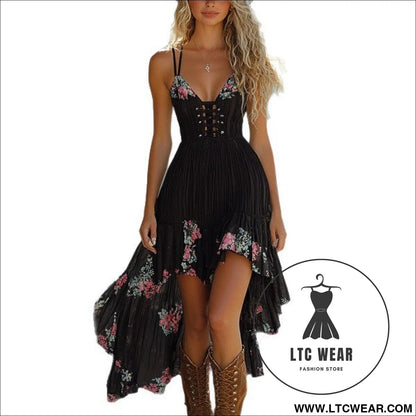Western rustic floral irregular hem sleeveless dress