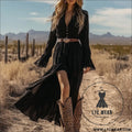 Western rustic solid color long sleeve v-neck maxi dress - black (without belt) / s