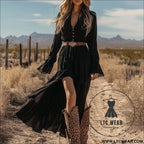 Western rustic solid color long sleeve v-neck maxi dress - black (without belt) / s