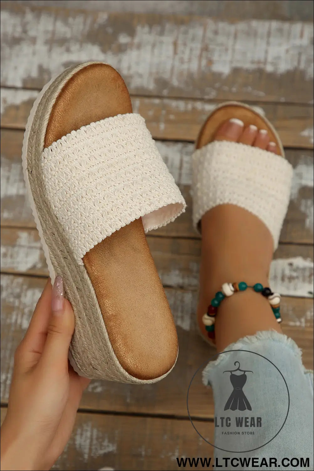White boho woven one band wedge slippers - white / 37 / fabrica:100% polyester + fabricb:100% tpr - slippers