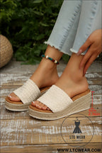 White boho woven one band wedge slippers - slippers