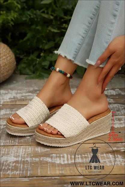 White boho woven one band wedge slippers - slippers