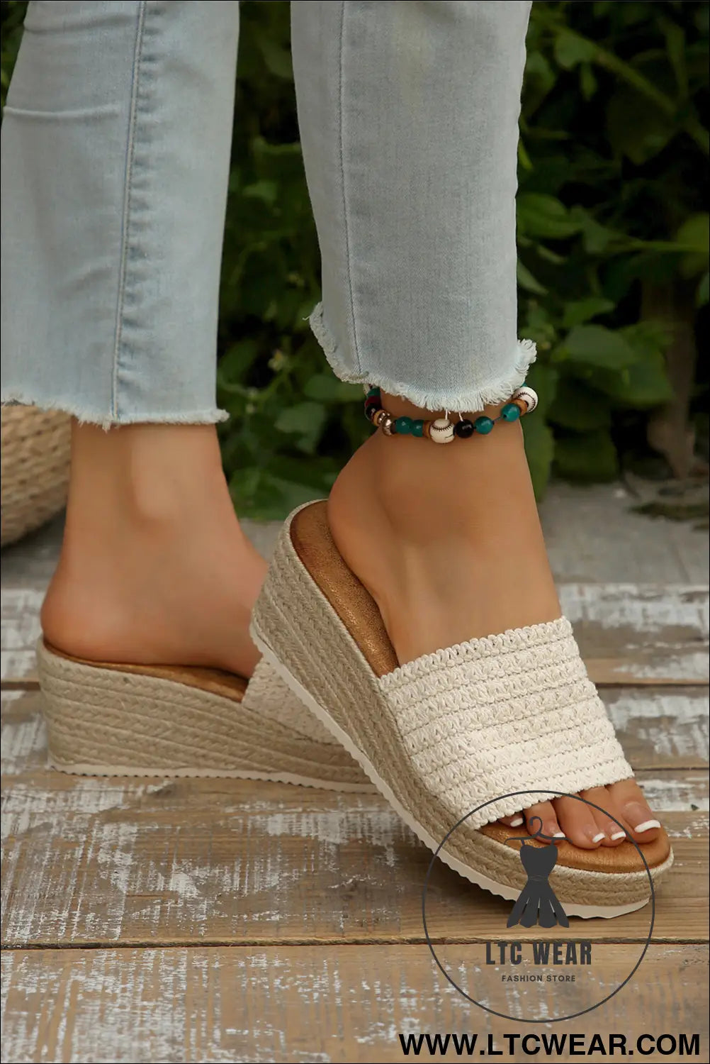 White boho woven one band wedge slippers - slippers