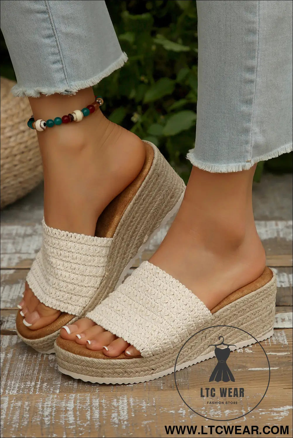 White boho woven one band wedge slippers - slippers
