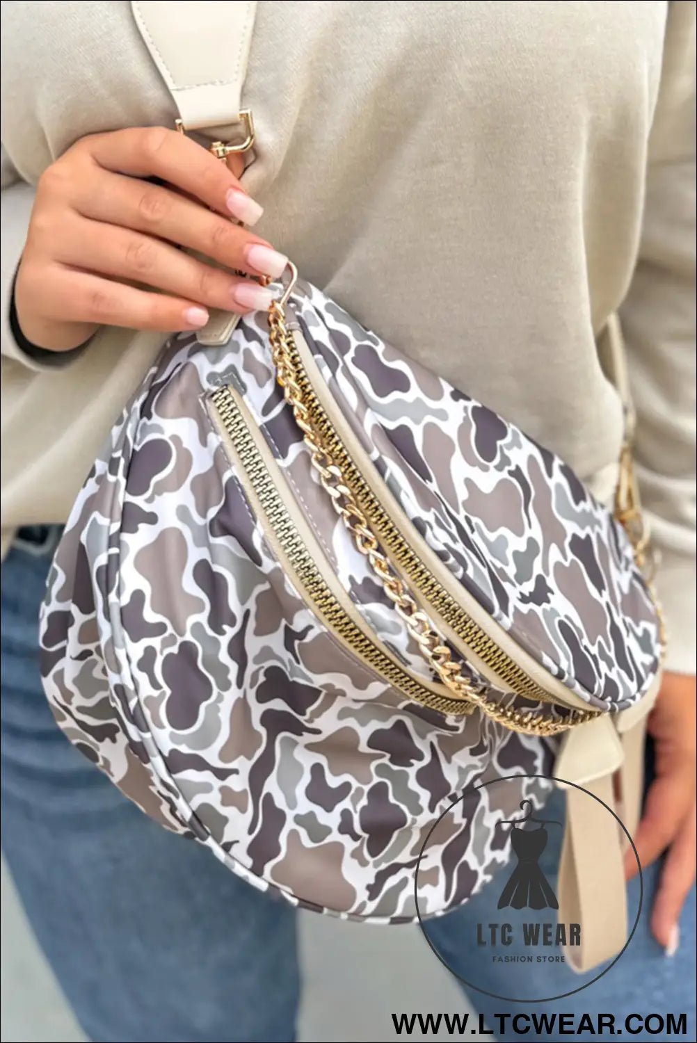 White camouflage print double zipper crossbody bag - white / one size / 95% pu + 5% alloy - crossbody bags