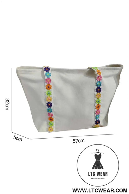 White Canvas Tote Bag with Embroidered Floral Strap Detail