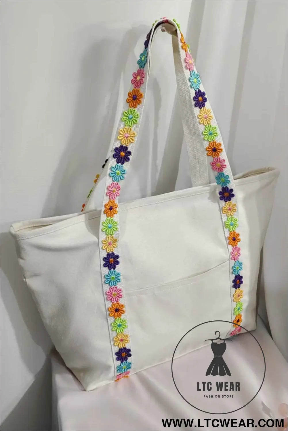 White Canvas Tote Bag with Embroidered Floral Strap Detail