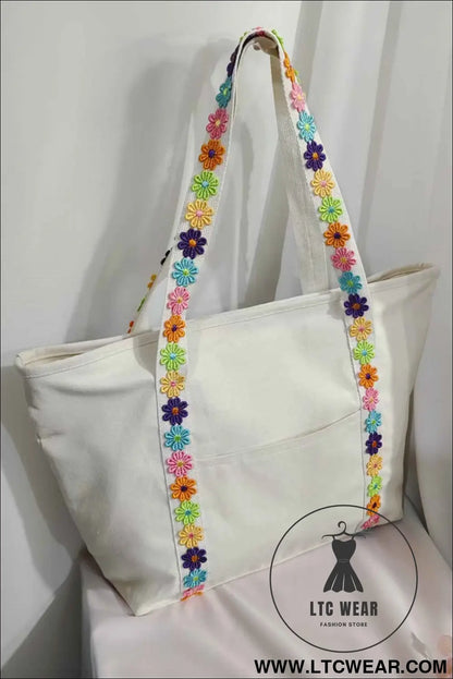 White Canvas Tote Bag with Embroidered Floral Strap Detail