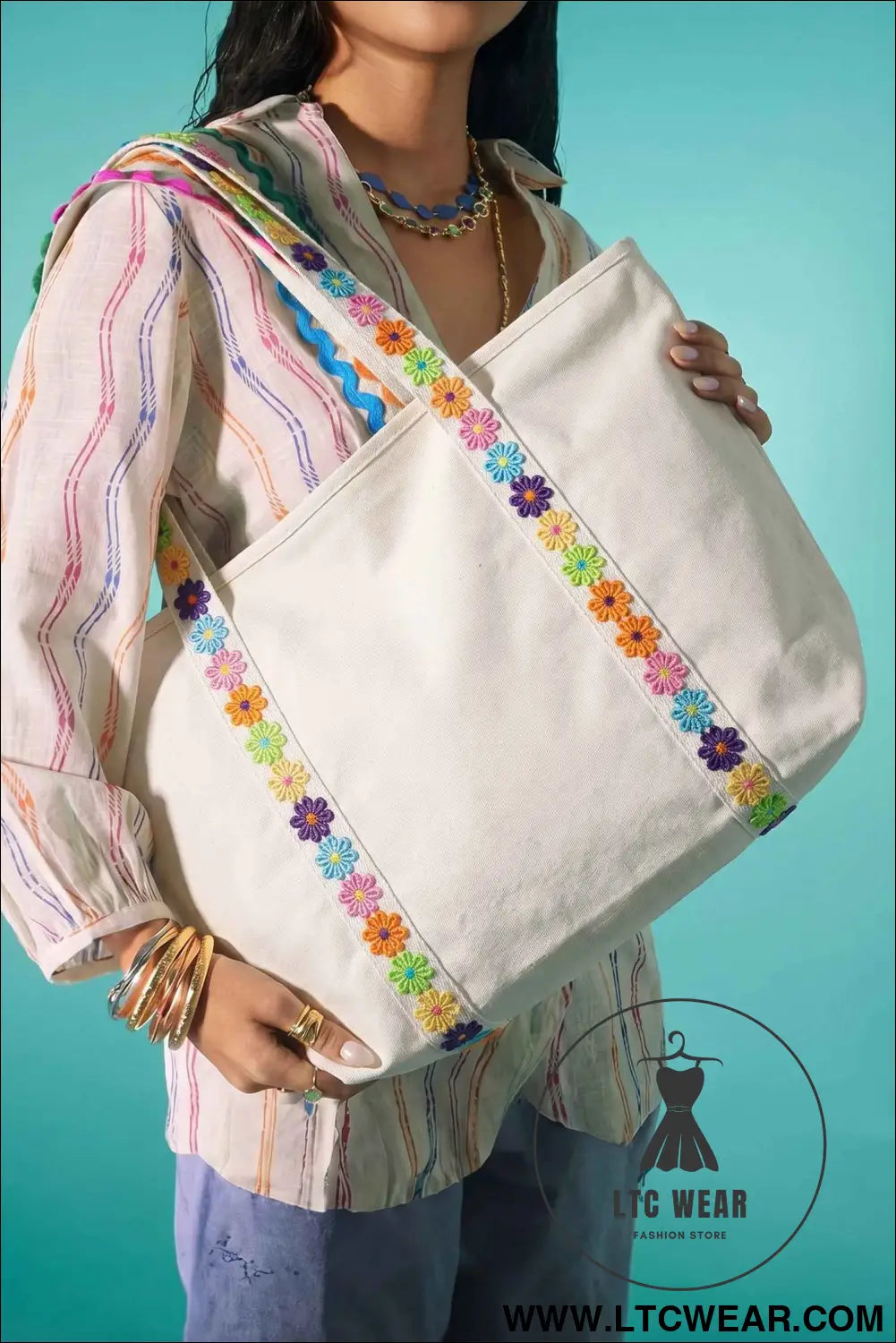 White Canvas Tote Bag with Embroidered Floral Strap Detail