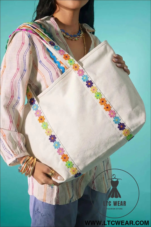 White Canvas Tote Bag with Embroidered Floral Strap Detail