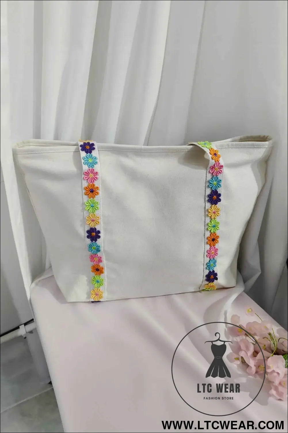 White Canvas Tote Bag with Embroidered Floral Strap Detail