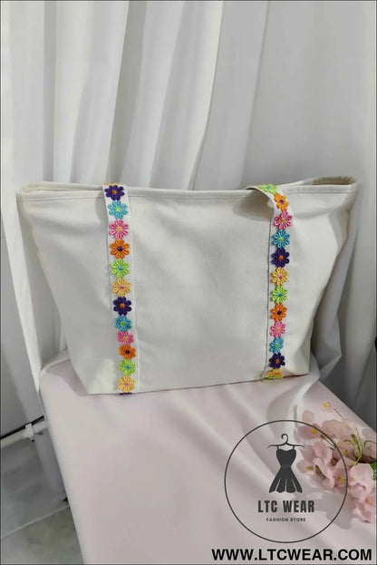 White Canvas Tote Bag with Embroidered Floral Strap Detail