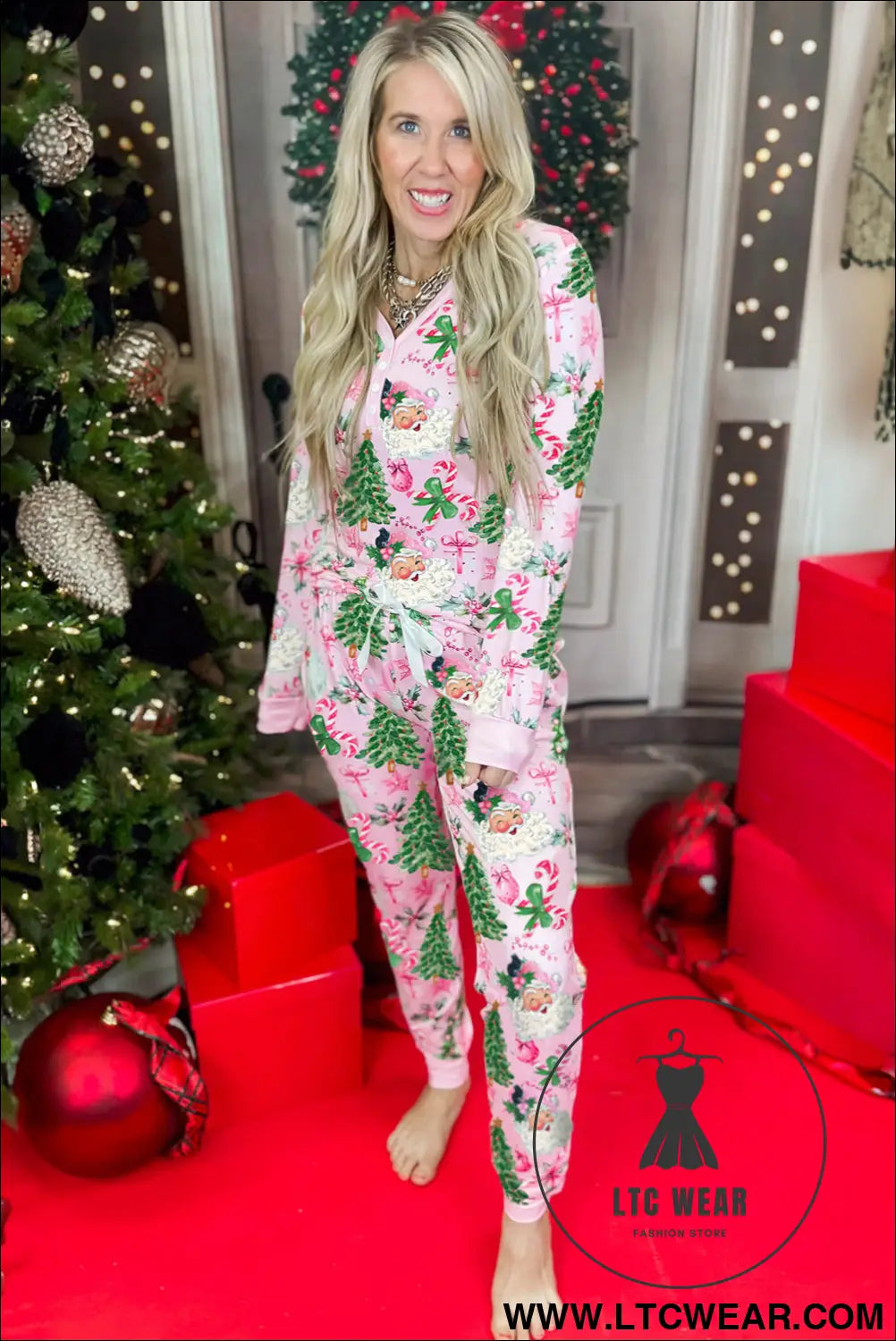 White Christmas Pattern Button V Neck Pullover Drawstring Pants 2pcs Lounge Set - L.T.C Wear Online Fashion Store
