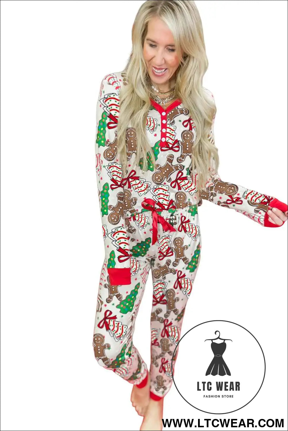White Christmas Pattern Button V Neck Pullover Drawstring Pants 2pcs Lounge Set
