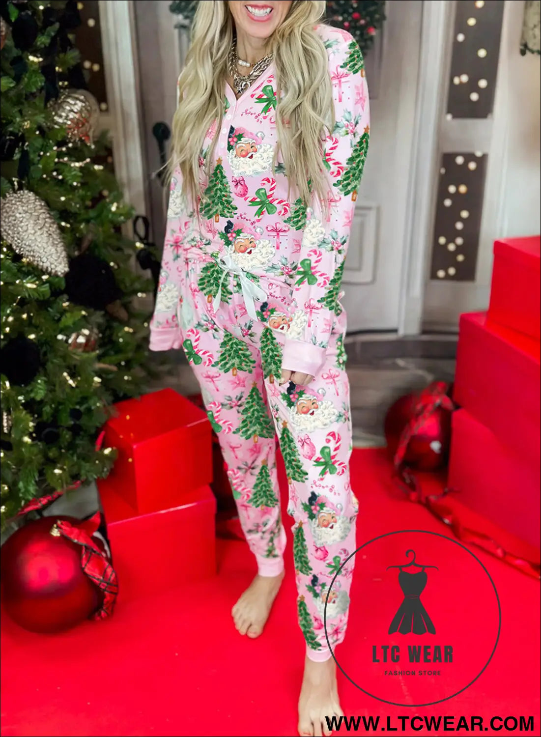 White Christmas Pattern Button V Neck Pullover Drawstring Pants 2pcs Lounge Set - L.T.C Wear Online Fashion Store