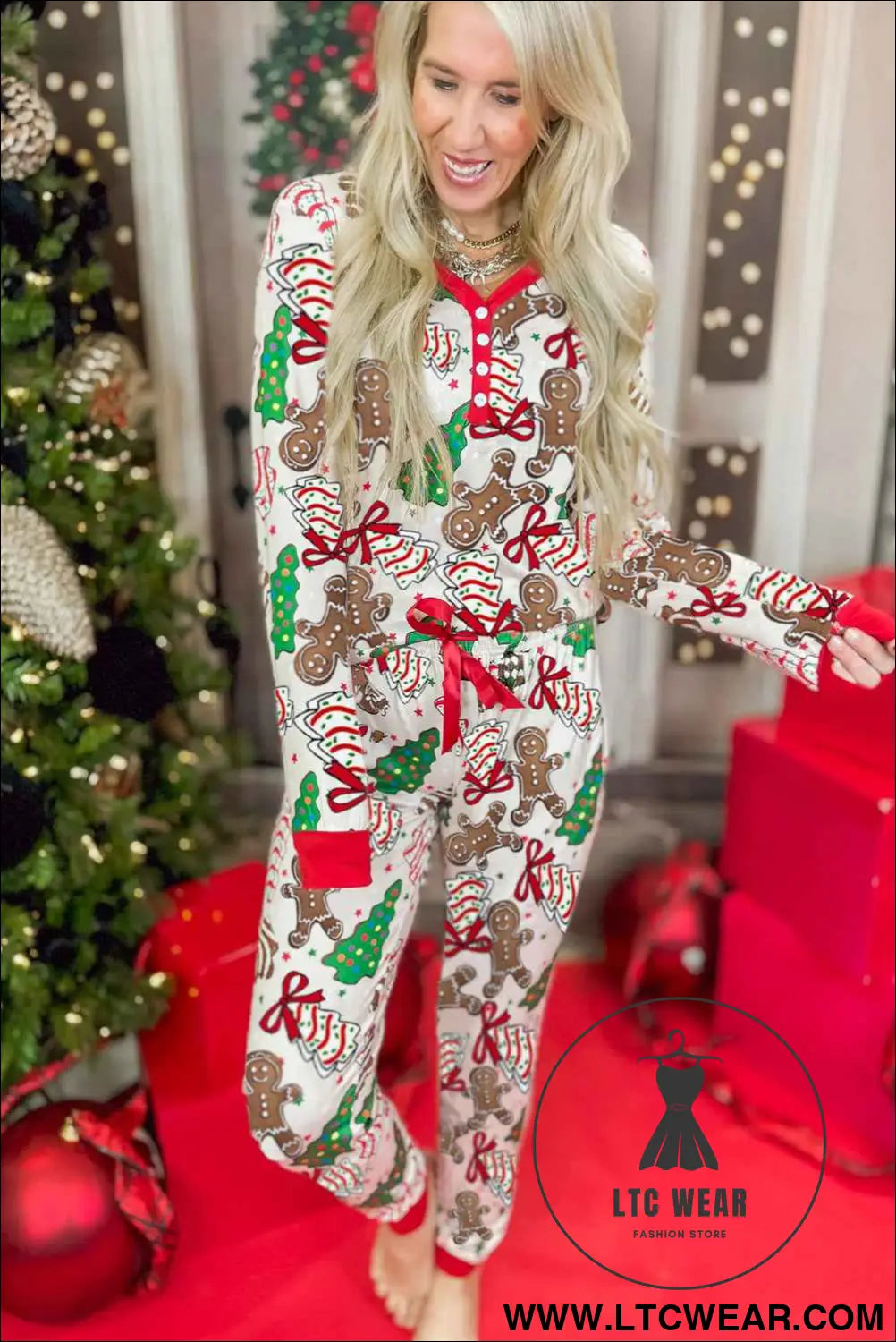 White Christmas Pattern Button V Neck Pullover Drawstring Pants 2pcs Lounge Set