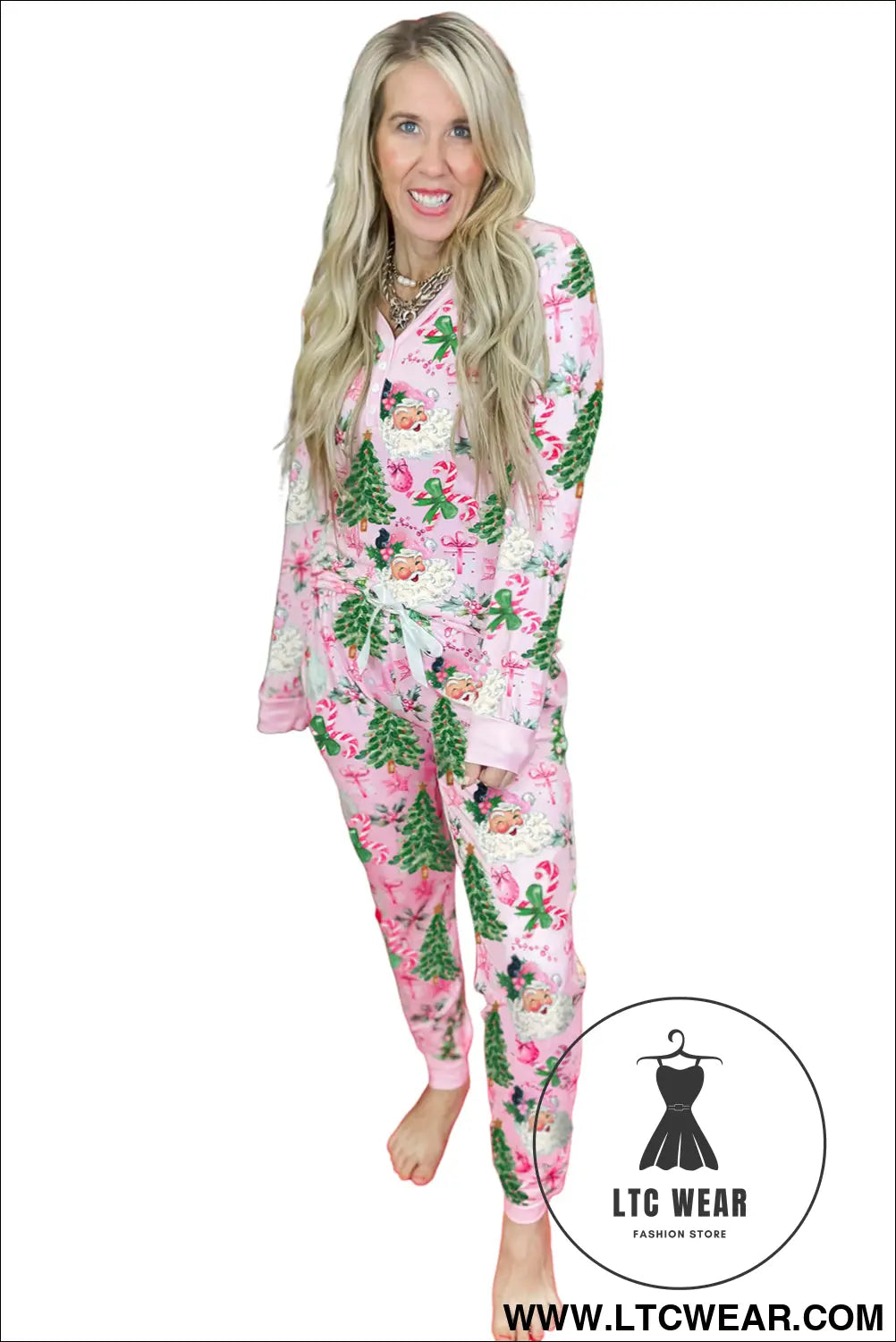 White Christmas Pattern Button V Neck Pullover Drawstring Pants 2pcs Lounge Set - L.T.C Wear Online Fashion Store
