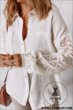 White cotton gauze lace patchwork long sleeve shirt - blouses & shirts
