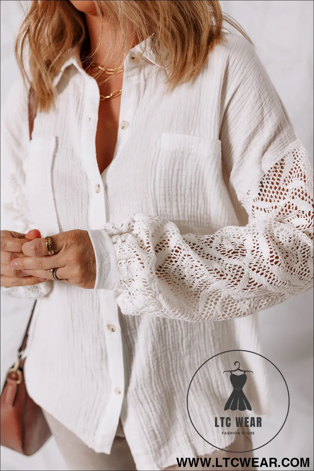 White cotton gauze lace patchwork long sleeve shirt - blouses & shirts