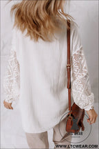 White cotton gauze lace patchwork long sleeve shirt - blouses & shirts