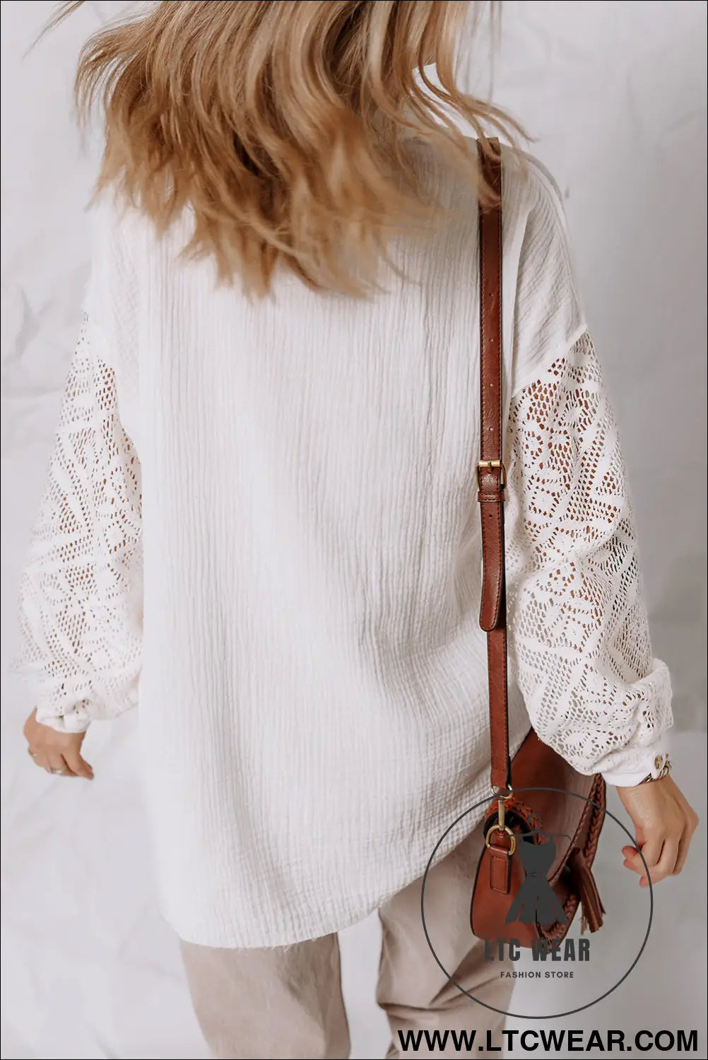 White cotton gauze lace patchwork long sleeve shirt - blouses & shirts