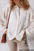White cotton gauze lace patchwork long sleeve shirt - blouses & shirts