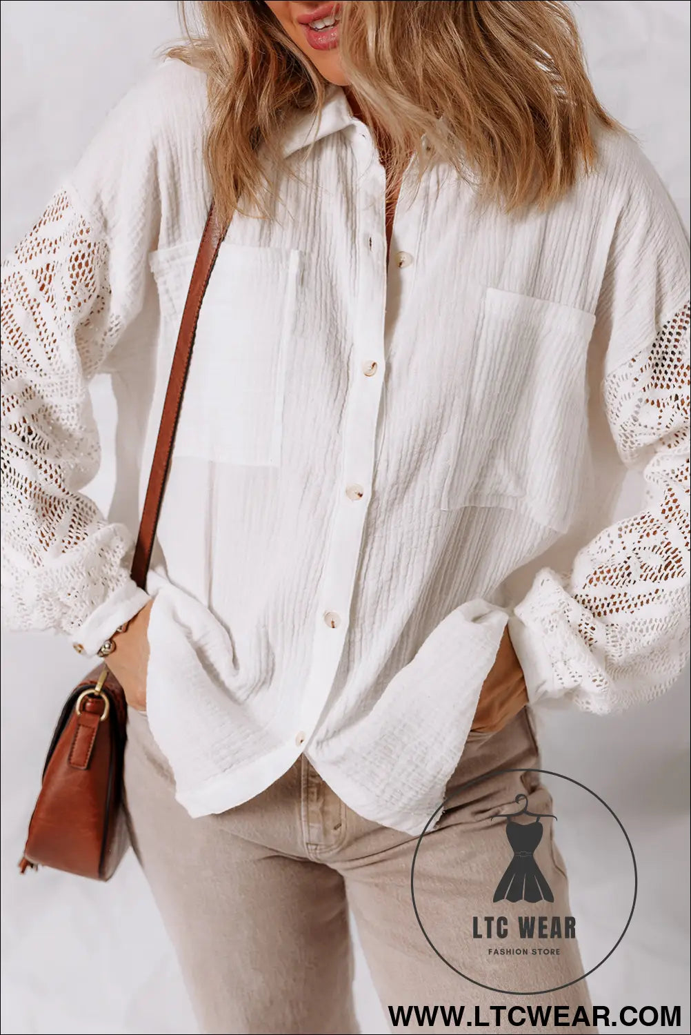 White cotton gauze lace patchwork long sleeve shirt - blouses & shirts