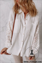 White cotton gauze lace patchwork long sleeve shirt - blouses & shirts
