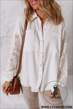 White cotton gauze lace patchwork long sleeve shirt - blouses & shirts