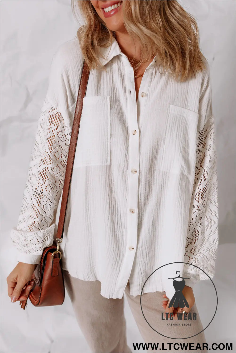 White cotton gauze lace patchwork long sleeve shirt - blouses & shirts