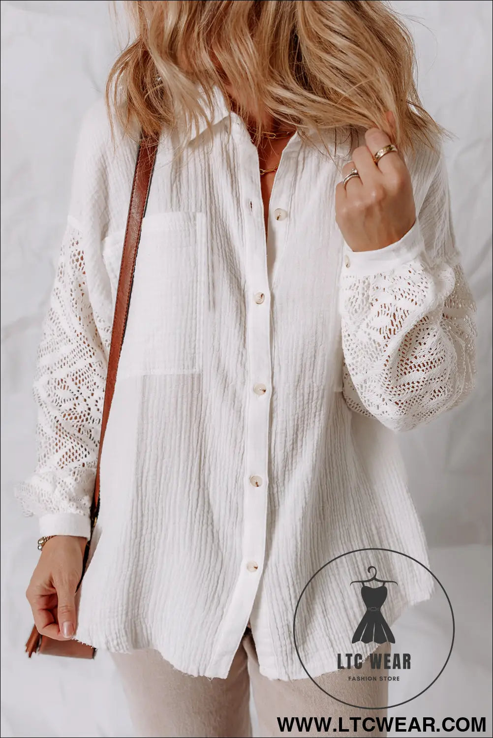 White cotton gauze lace patchwork long sleeve shirt - blouses & shirts