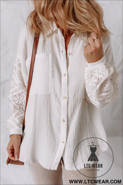 White cotton gauze lace patchwork long sleeve shirt - blouses & shirts
